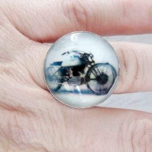 New Unique Motorcycle 925 Silver Glass Ring.